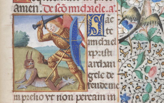 Angel attacking a demon, circa 1375