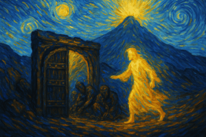 Van Gogh-style artwork of a glowing Christ figure approaching the dark gates of the underworld, with swirling heavenly light above.