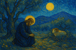 Serene landscape with a praying figure.