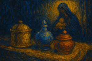 Expressive Van Gogh–inspired painting of the Magi’s gifts laid before Jesus, with Mary in soft silhouette, symbolizing the surrender of the nations’ treasures to the true King.