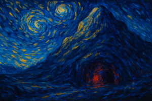 Van Gogh–style night landscape with swirling stars over a dark mountain and a glowing red cave at its base.