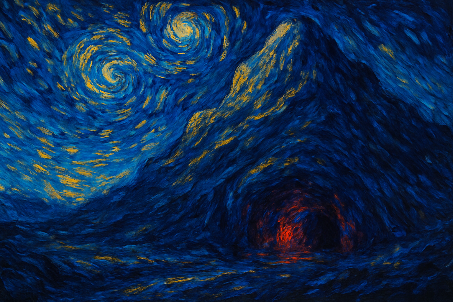 Van Gogh–style night landscape with swirling stars over a dark mountain and a glowing red cave at its base.